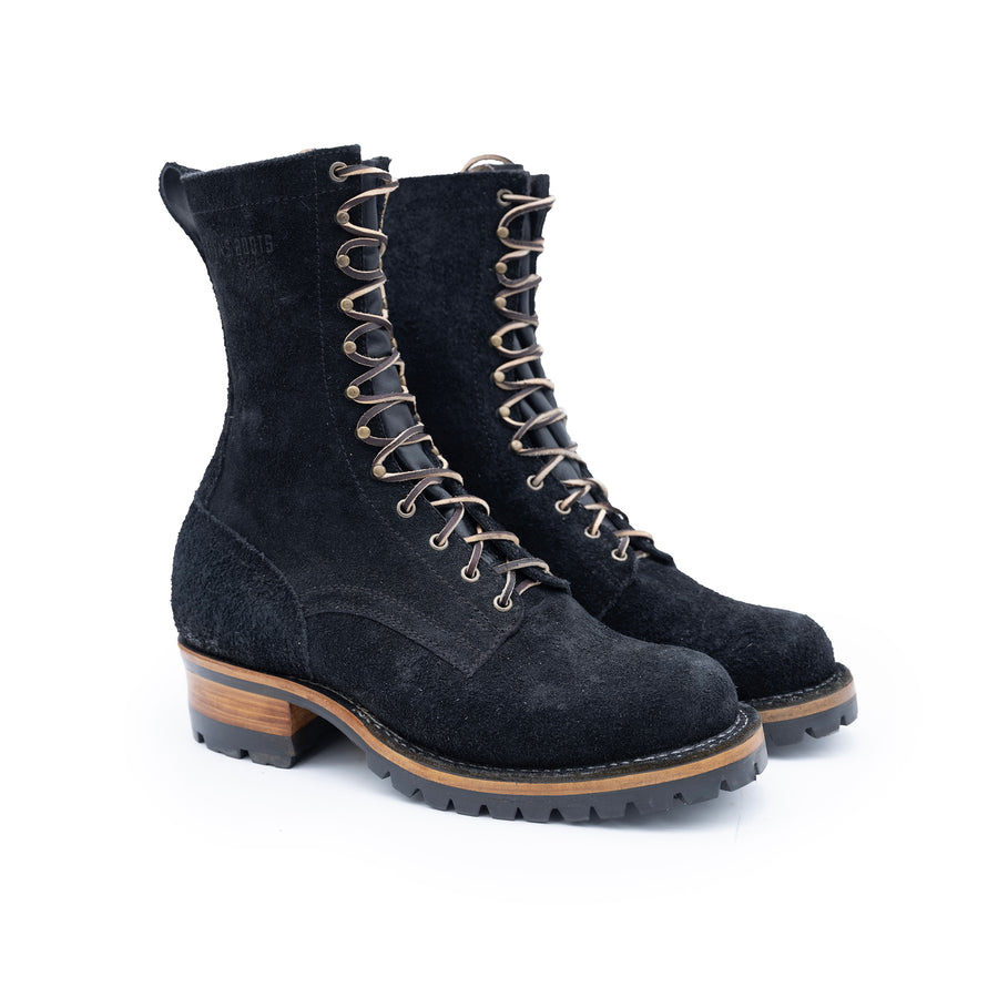 Drew's 10-Inch Logger in black roughout leather