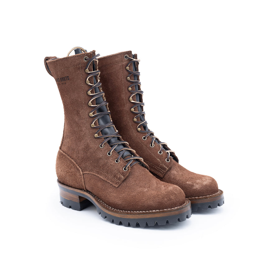 Drew's 10-Inch Logger in brown roughout leather